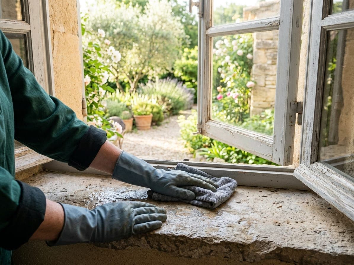 Mains gantées de gris-bleu qui essuient avec une microfibre le rebord de pierre d'une fenêtre ouverte sur un jardin