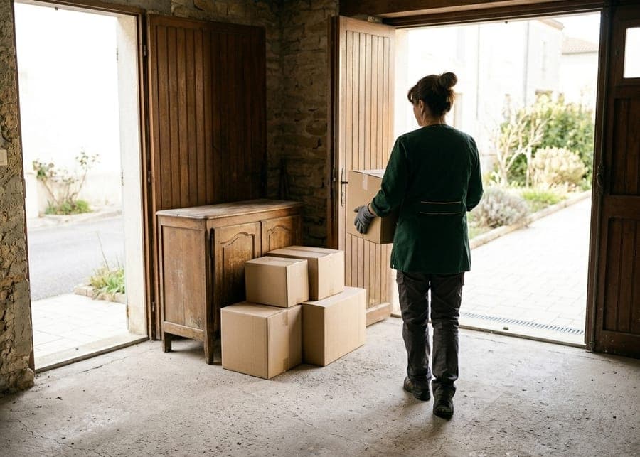 Femme en tunique verte qui porte un carton dans un garage de pierre, cartons fermés et vieux buffet près de la porte