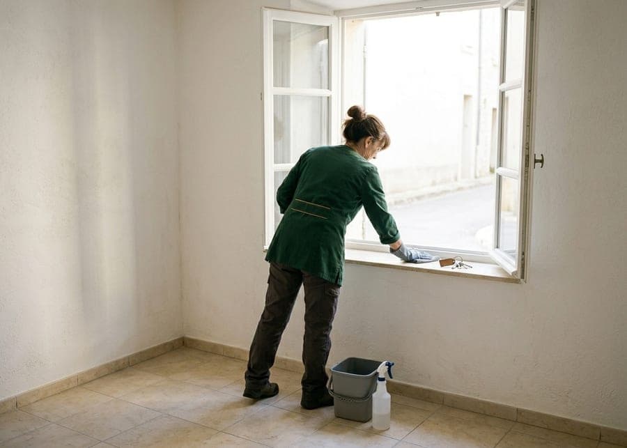 Femme en tunique verte qui nettoie le rebord d'une fenêtre ouverte dans une pièce vide, trousseau de clés posé dessus