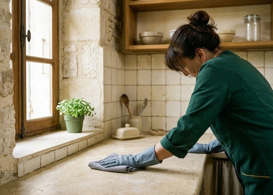 Femme en tunique verte et gants gris-bleu qui essuie un plan de travail en pierre dans une cuisine à fenêtre ancienne
