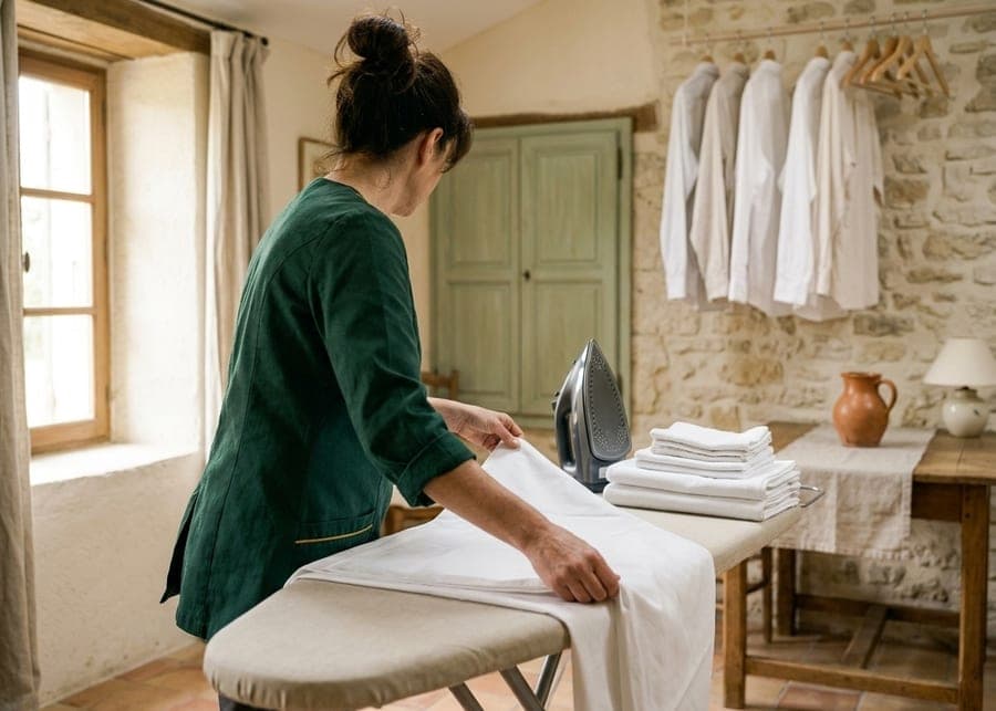 Femme en tunique verte qui plie un drap sur une planche à repasser, chemises blanches suspendues et serviettes empilées