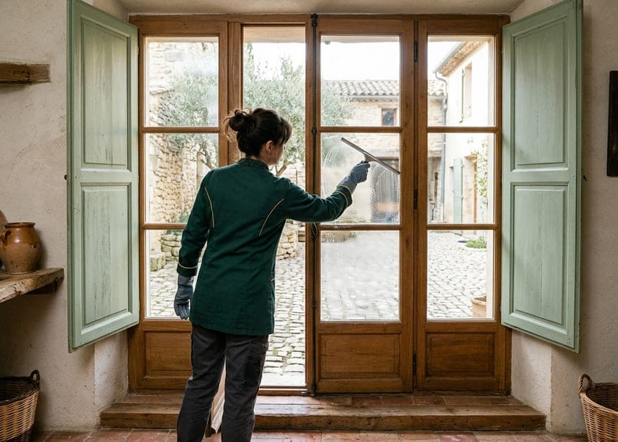 Femme de dos en tunique verte qui passe une raclette sur une porte-fenêtre, volets vert pâle ouverts sur une cour pavée