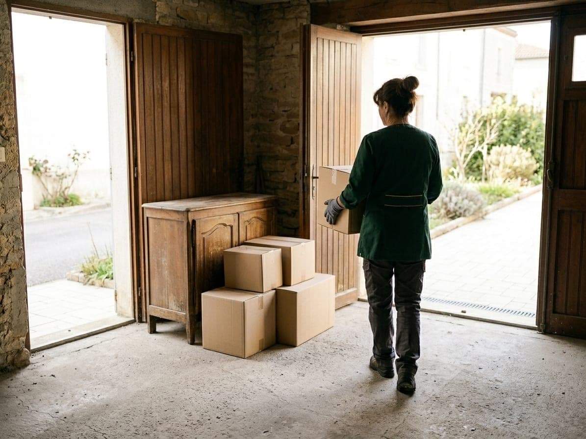 Femme en tunique verte qui porte un carton dans un garage de pierre, cartons fermés et vieux buffet près de la porte