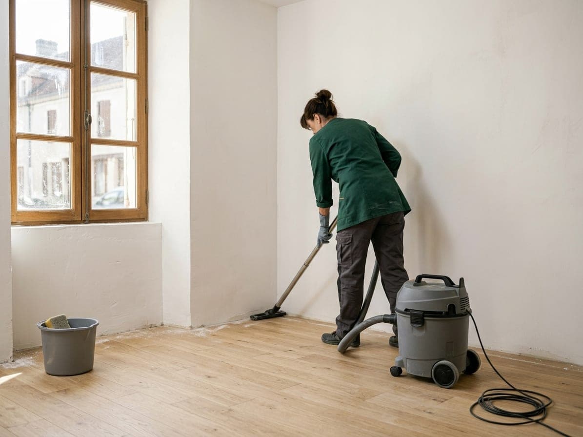 Femme de dos en tunique verte qui passe l'aspirateur le long d'un mur blanc, parquet clair neuf et fenêtre en bois