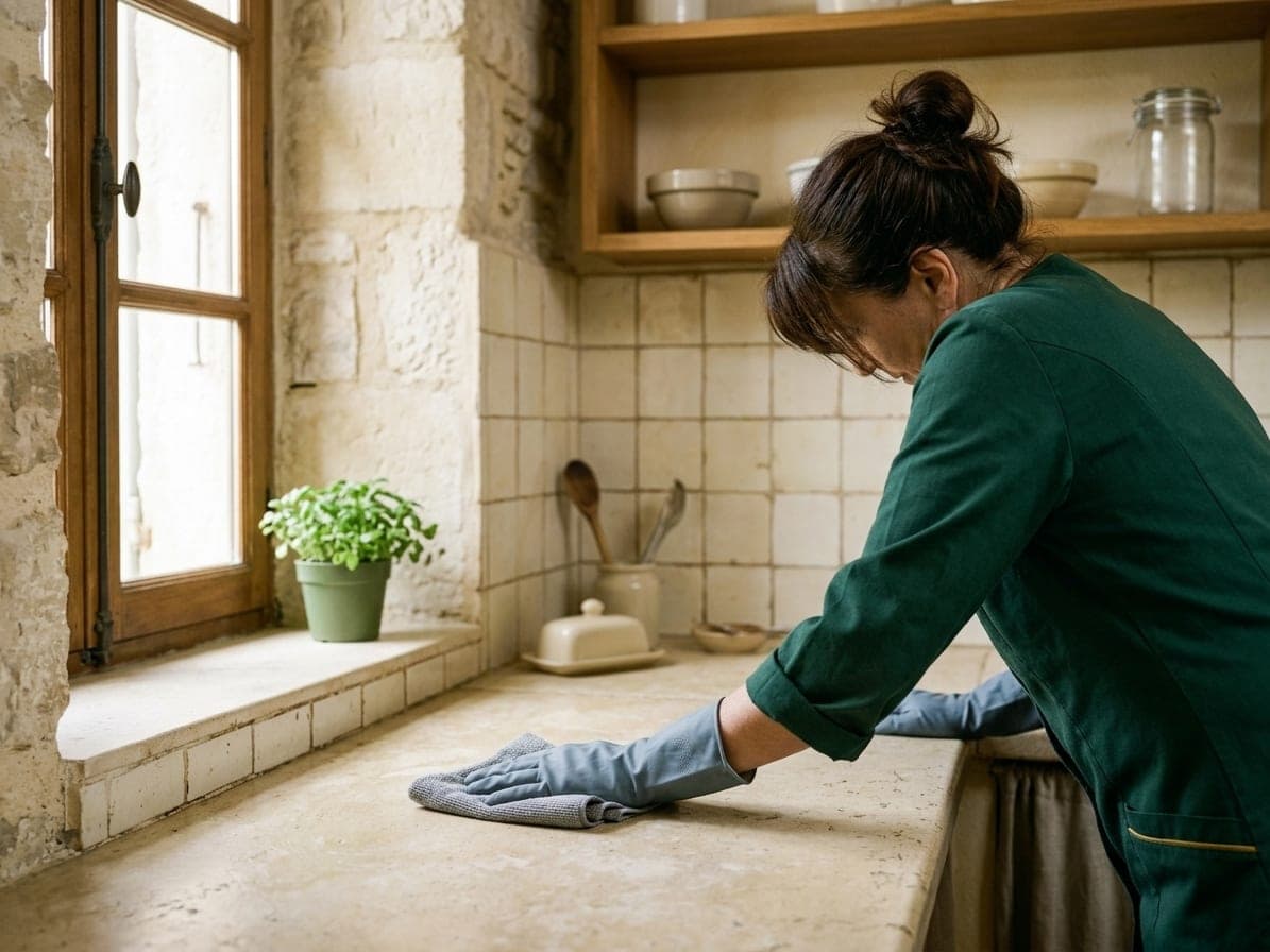 Femme en tunique verte et gants gris-bleu qui essuie un plan de travail en pierre dans une cuisine à fenêtre ancienne
