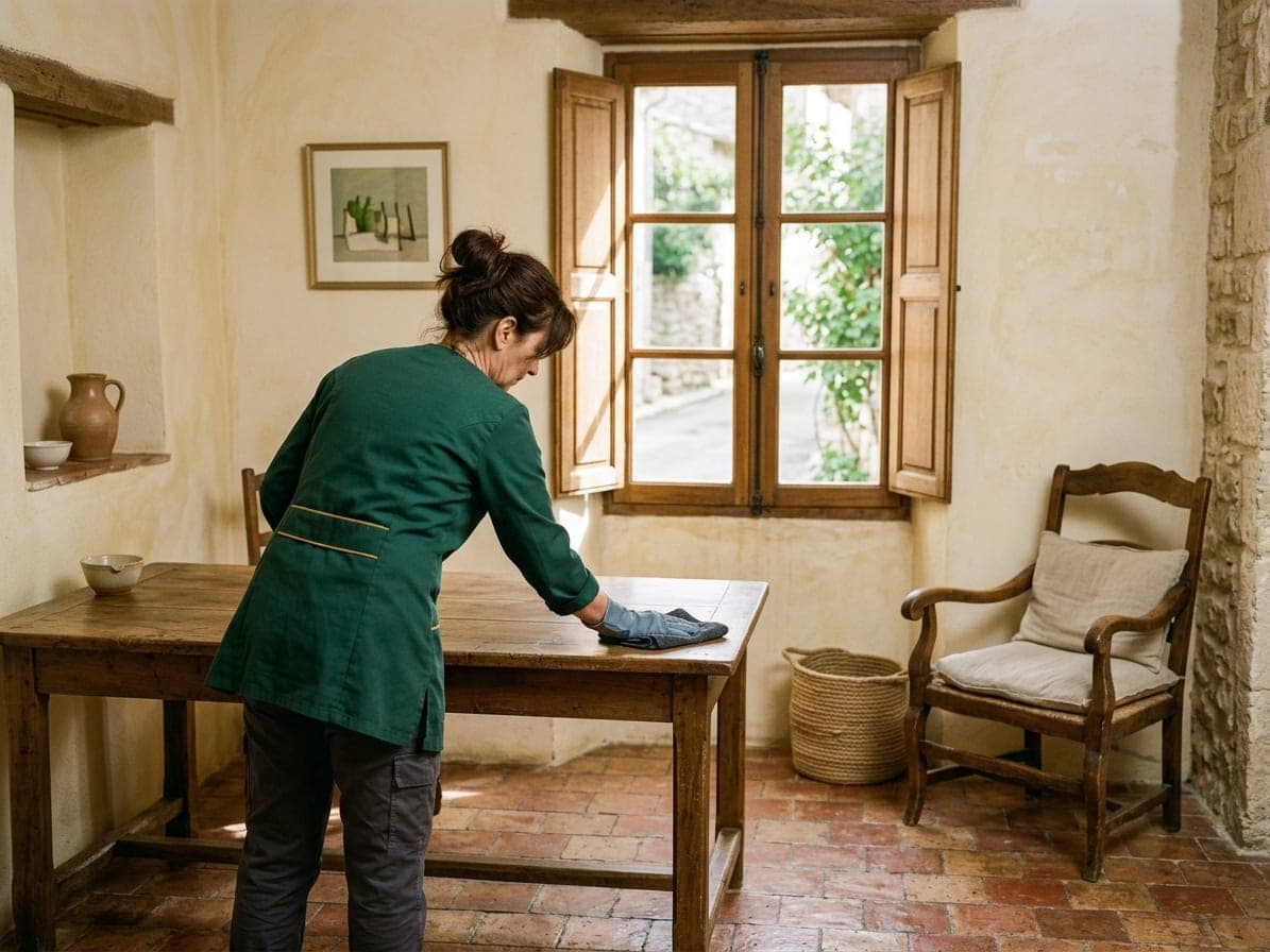 Femme en tunique verte qui essuie une table en bois dans une pièce à tomettes, volets ouverts sur une ruelle