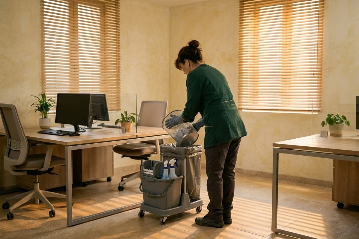 Bureau aux stores à lamelles en fin de journée, une femme en tunique verte transvase une corbeille à papier près de son chariot