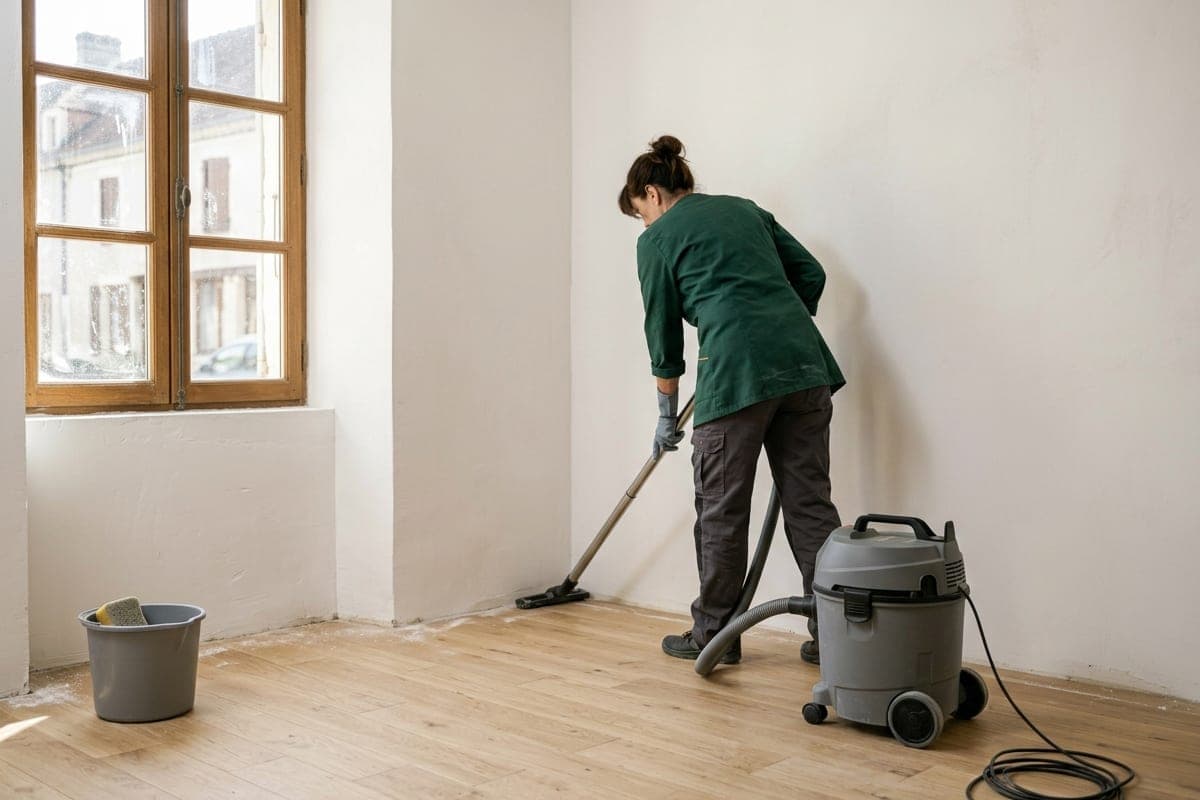 Femme de dos en tunique verte qui passe l'aspirateur le long d'un mur blanc, parquet clair neuf et fenêtre en bois