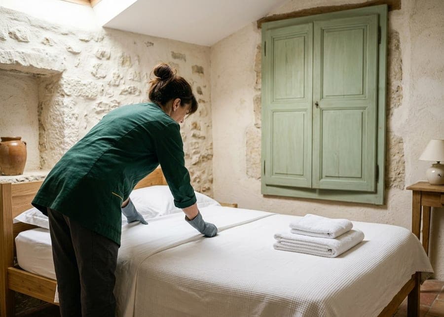Femme en tunique verte qui tend un drap blanc sur un lit, chambre aux murs de pierre et volet vert pâle, serviettes pliées