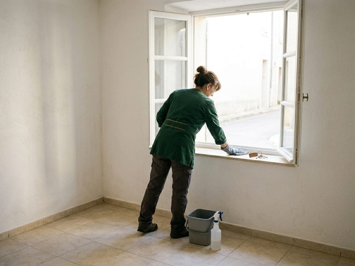 Femme en tunique verte qui nettoie le rebord d'une fenêtre ouverte dans une pièce vide, trousseau de clés posé dessus