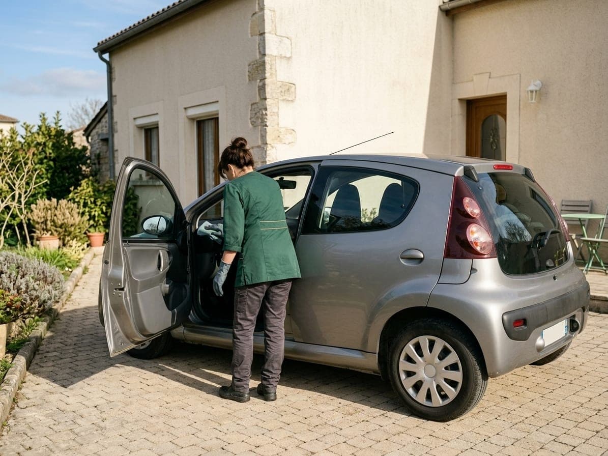 Femme en tunique verte qui essuie l'habitacle d'une voiture grise garée dans l'allée pavée d'une maison