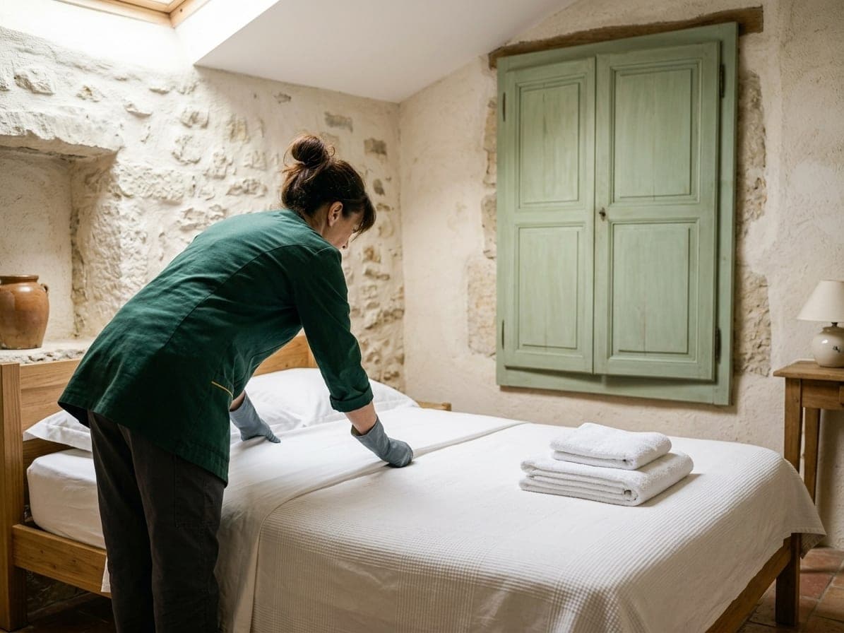 Femme en tunique verte qui tend un drap blanc sur un lit, chambre aux murs de pierre et volet vert pâle, serviettes pliées