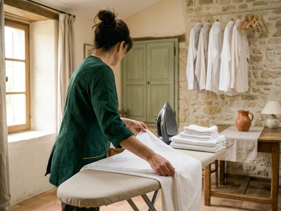 Femme en tunique verte qui plie un drap sur une planche à repasser, chemises blanches suspendues et serviettes empilées