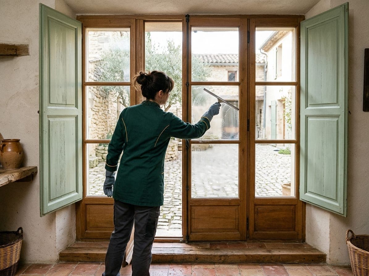 Femme de dos en tunique verte qui passe une raclette sur une porte-fenêtre, volets vert pâle ouverts sur une cour pavée